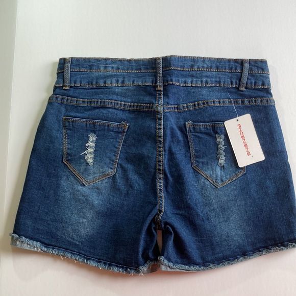 NWT Distressed Deep Blue Cutoff Denim Two Button High Waist Shorts - Picture 7 of 16